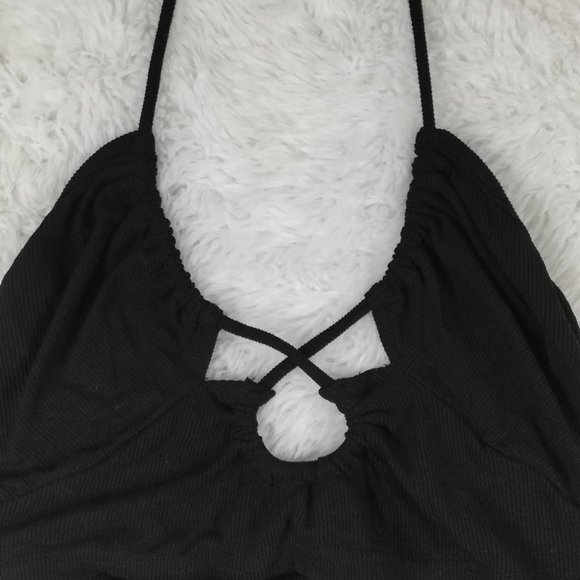 BY DYLN Womens Silo Crop Top Black Ribbed Crossover Halter Spaghetti Strap L New - Picture 4 of 9